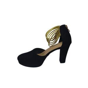 Black high-heeled sandals with ankle straps and gold details, size 38.
